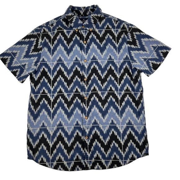 American Eagle Shirt Men size M Aztec Southwestern Blue Button Up Short Sleeve - Picture 14 of 16